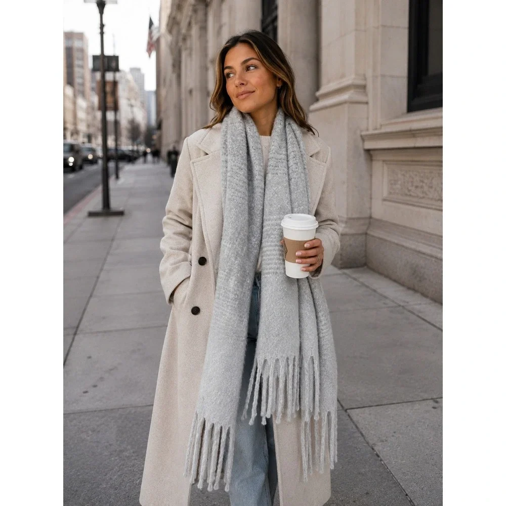 Mer Sea Gray Fuzzy Fringe Blanket Scarf Wrap Cozy Coastal Minimalist Skandi